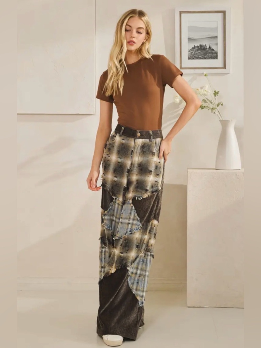 NEW Oli & Hali Washed Plaid Leopard Detail Patchwork Pants - Picture 8 of 10